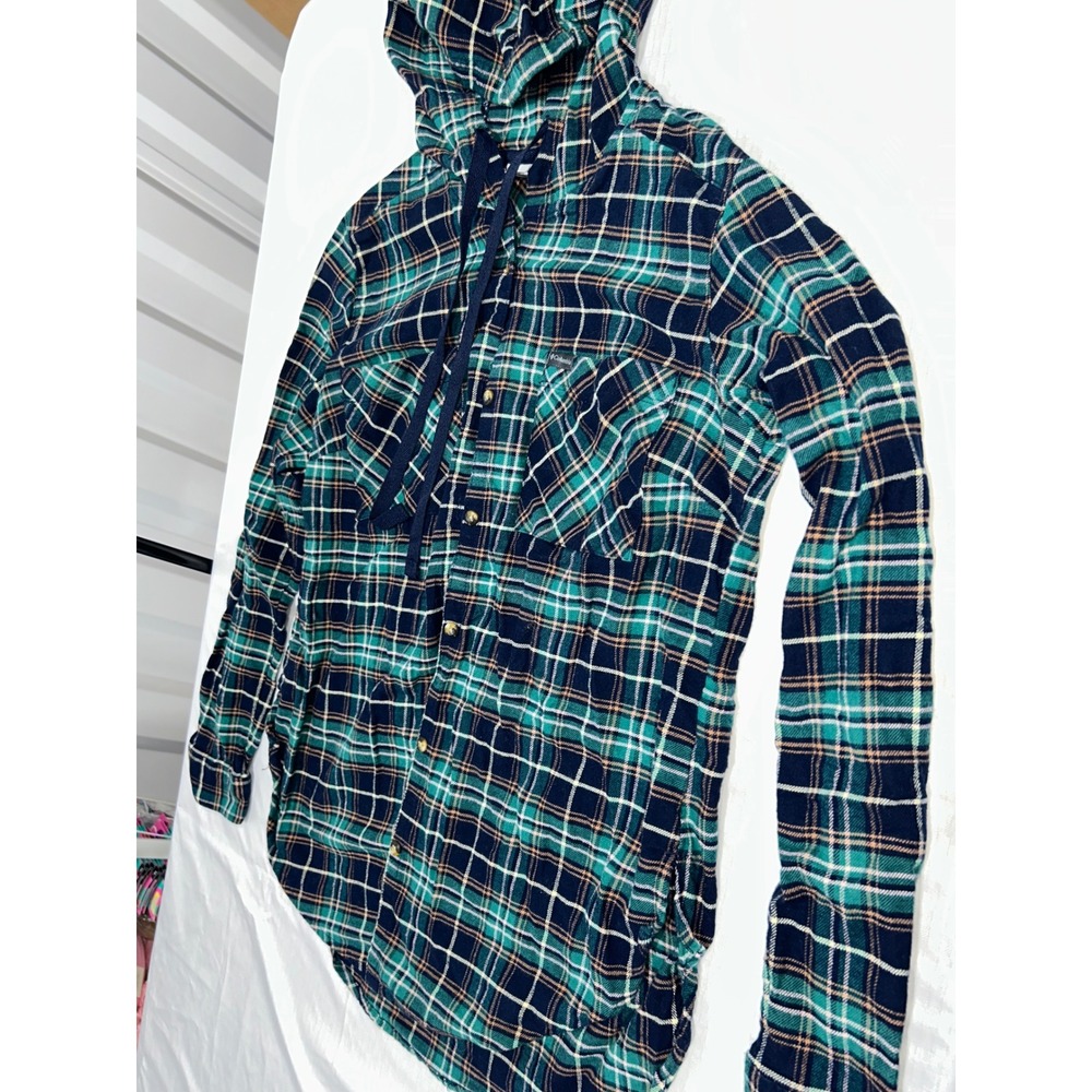 Columbia Hooded Flannel Shirt Mens Medium Green Navy Plaid Button Up Hoodie